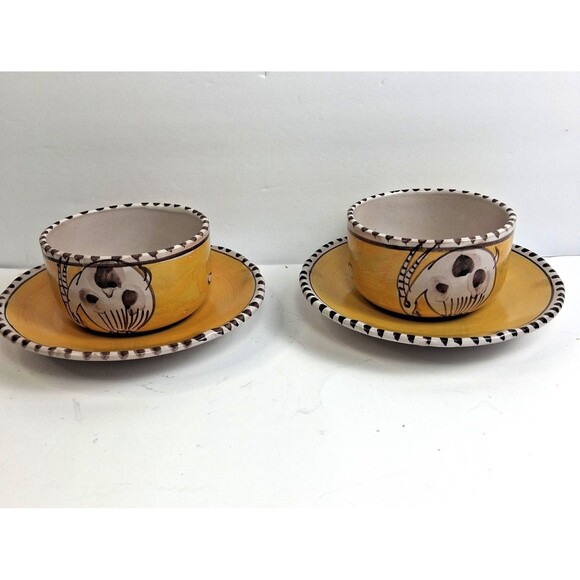 Vintage CAS Vietri Italy Hand Painted Capri Goat Yellow Cup and Saucer Set of 2
